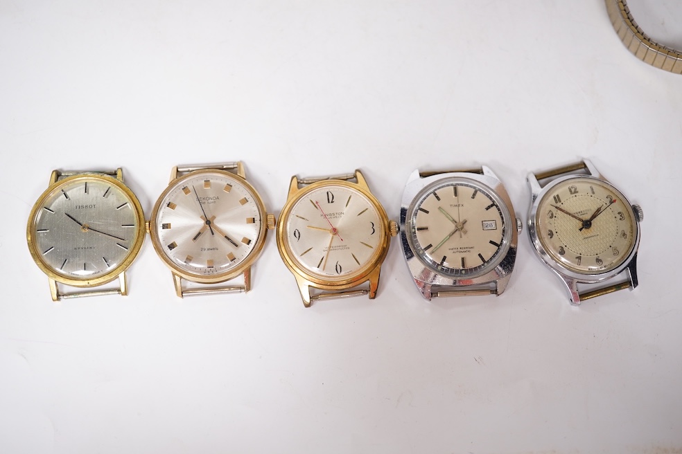 A collection of seven gentleman's assorted mainly steel wrist watches including two Tissot, a Timex, Ingersoll, Montine, Kingston and Sekonda, together with six assorted lady's mainly steel wrist watches including Seiko,